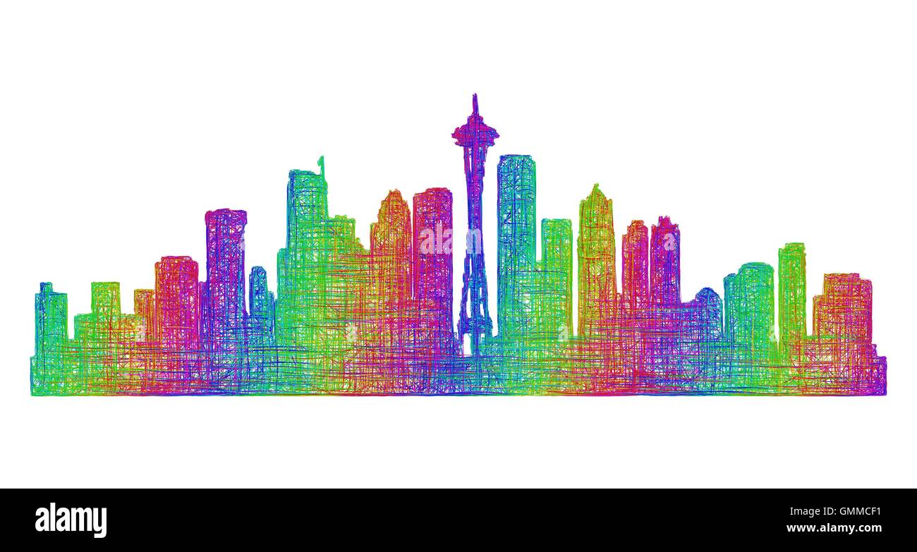Seattle skyline silhouette - linea multicolore arte Illustrazione Vettoriale