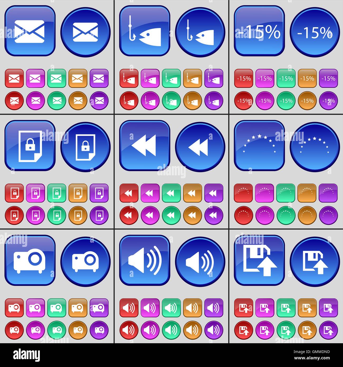 Messaggio, pesca, sconto, File, Rewind, stelle, Proiettore sonoro, floppy disk. Un grande insieme di multi-pulsanti colorati. Vettore Illustrazione Vettoriale