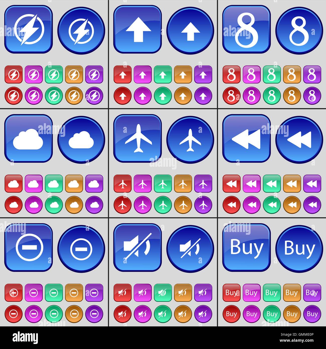 Flash, Freccia su, Otto, Cloud, aereo, Rewind, meno, Mute, acquistare. Un grande insieme di multi-pulsanti colorati. Vettore Illustrazione Vettoriale