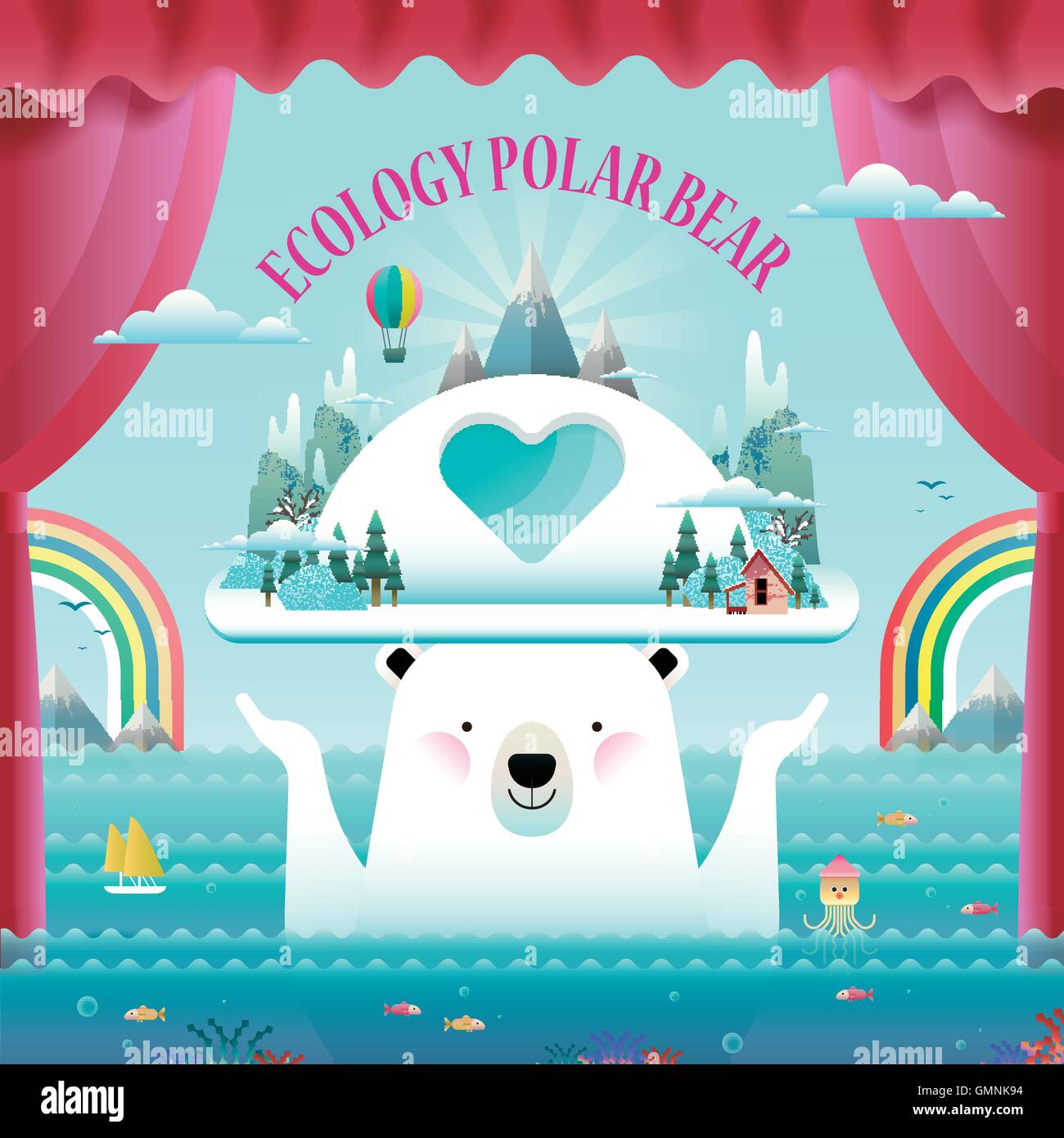 Ecologia concept design, gli elementi ambientali con orso polare Illustrazione Vettoriale