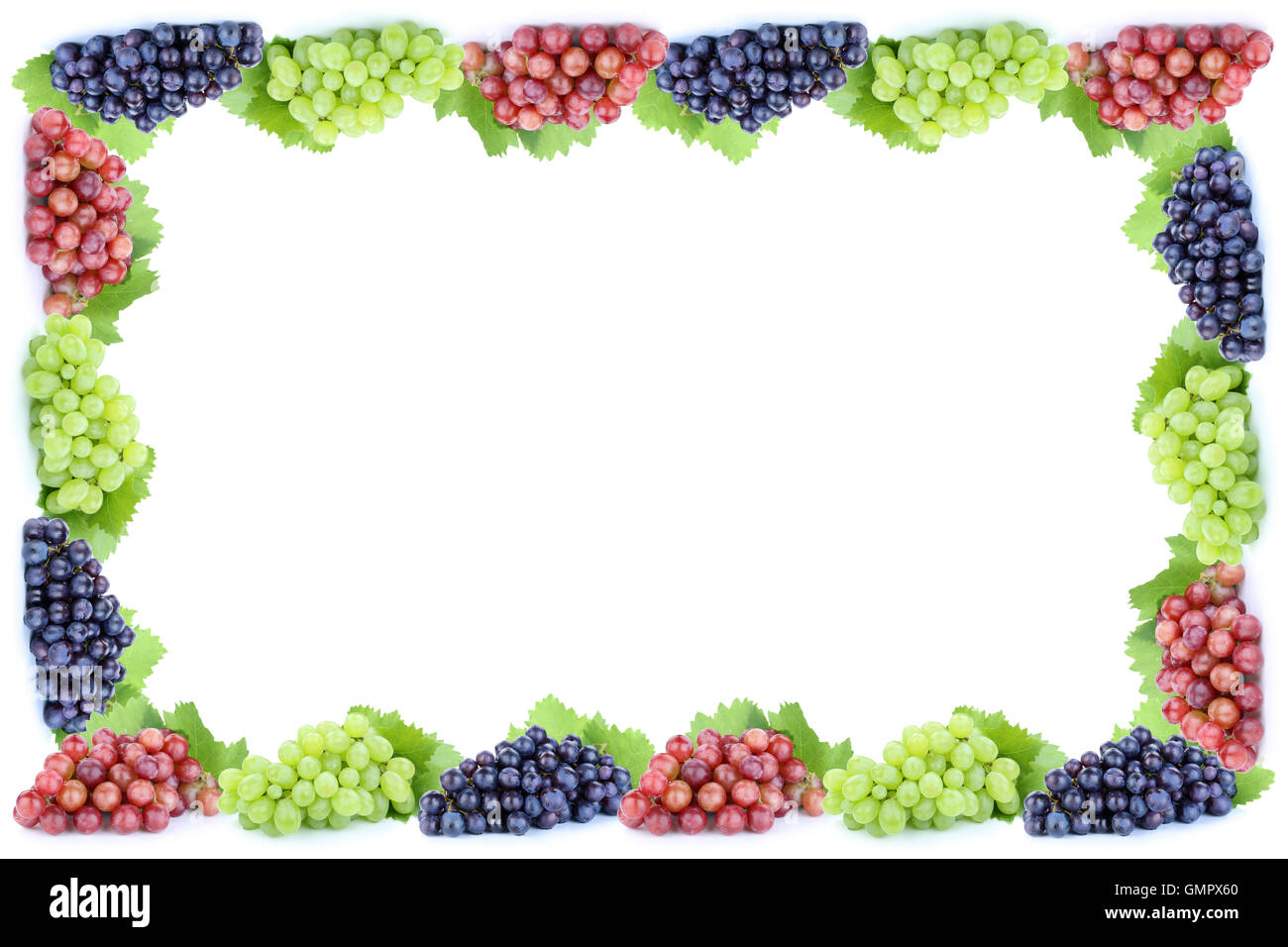 Uve rosso verde blu frutta frutto isolato su uno sfondo bianco copyspace telaio spazio copia Foto Stock