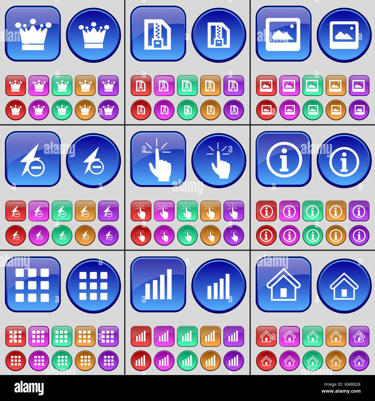 Corona, file Zip, immagini, Flash, canto, informazioni, applicazioni Schema, Casa. Un grande insieme di multi-pulsanti colorati. Vettore Illustrazione Vettoriale