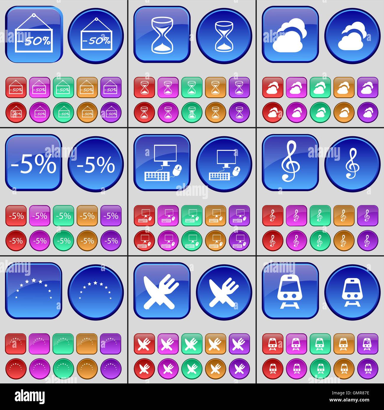 Lo sconto, clessidra, Cloud, PC, Clef, stella, posate, treno. Un grande insieme di multi-pulsanti colorati. Vettore Illustrazione Vettoriale
