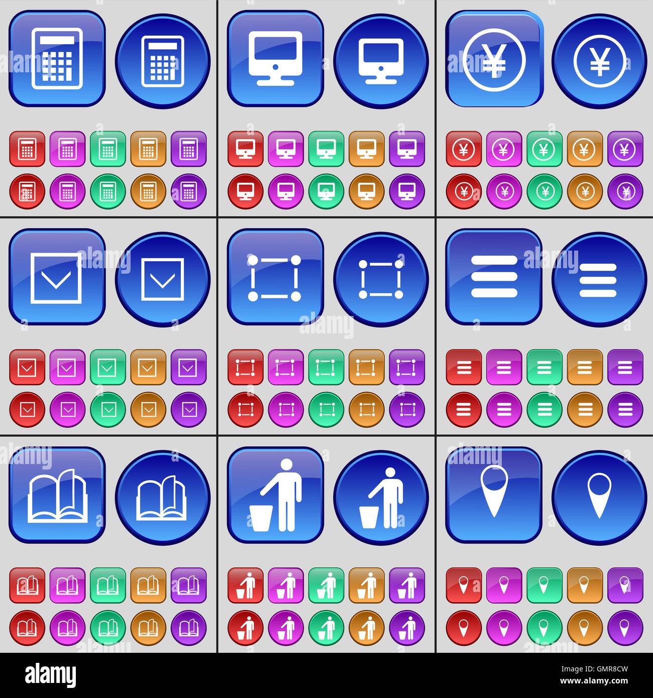 Calcolatrice, Monitor, Yen, Freccia giù, telaio, app, Prenota, Silhouette, Checkpoint. Un grande insieme di multi-pulsanti colorati. Vettore Illustrazione Vettoriale