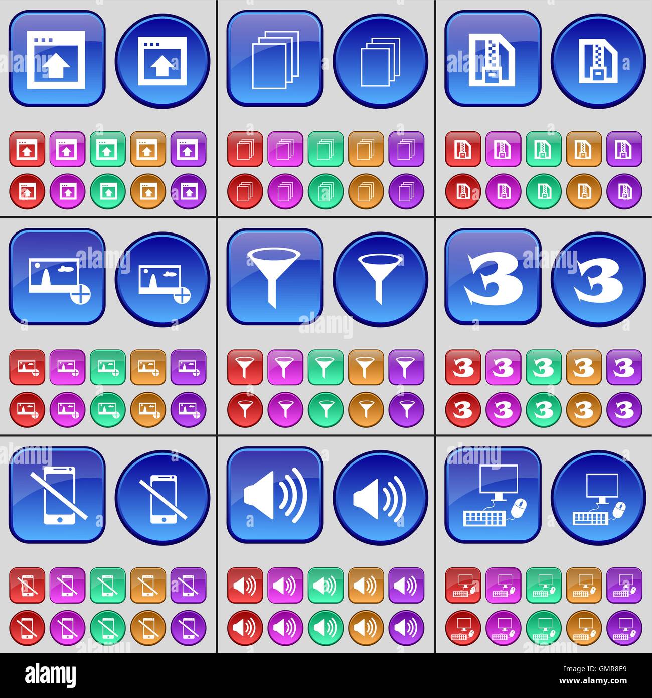 Finestra, file, file ZIP, immagini, cospargere, tre, Smartphone, audio PC. Un grande insieme di multi-pulsanti colorati. Vettore Illustrazione Vettoriale