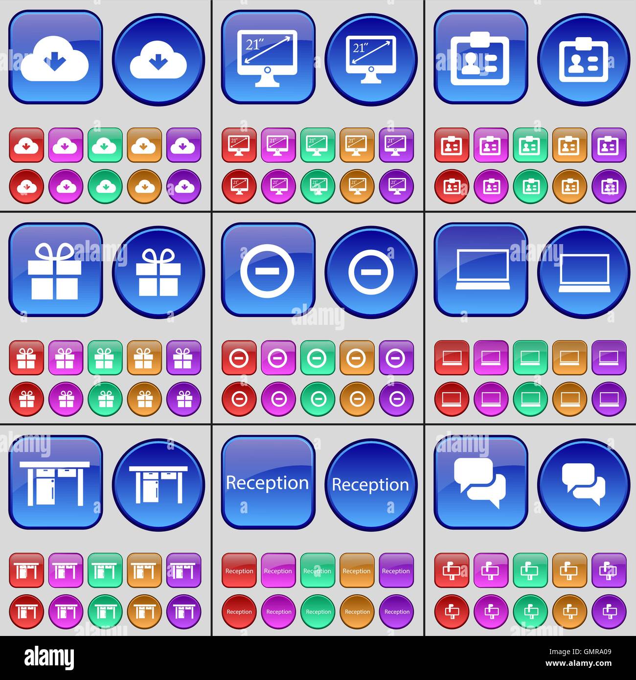 Il Cloud, Monitor, Contatto, dono, meno, Laptop, tabella, Reception, Chat bolla. Un grande insieme di multi-pulsanti colorati. Vettore Illustrazione Vettoriale