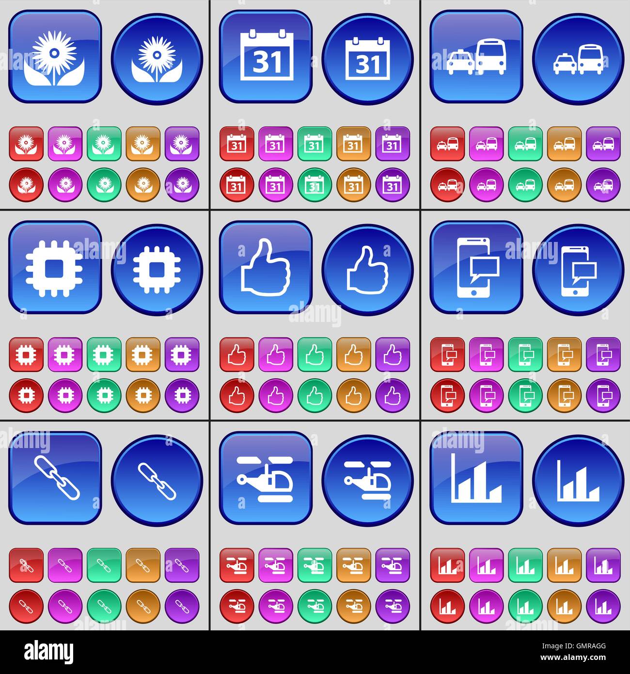 Fiore, Calendario, trasporti, processore, simili, SMS, Link, elicottero, Schema. Un grande insieme di multi-pulsanti colorati. Vettore Illustrazione Vettoriale