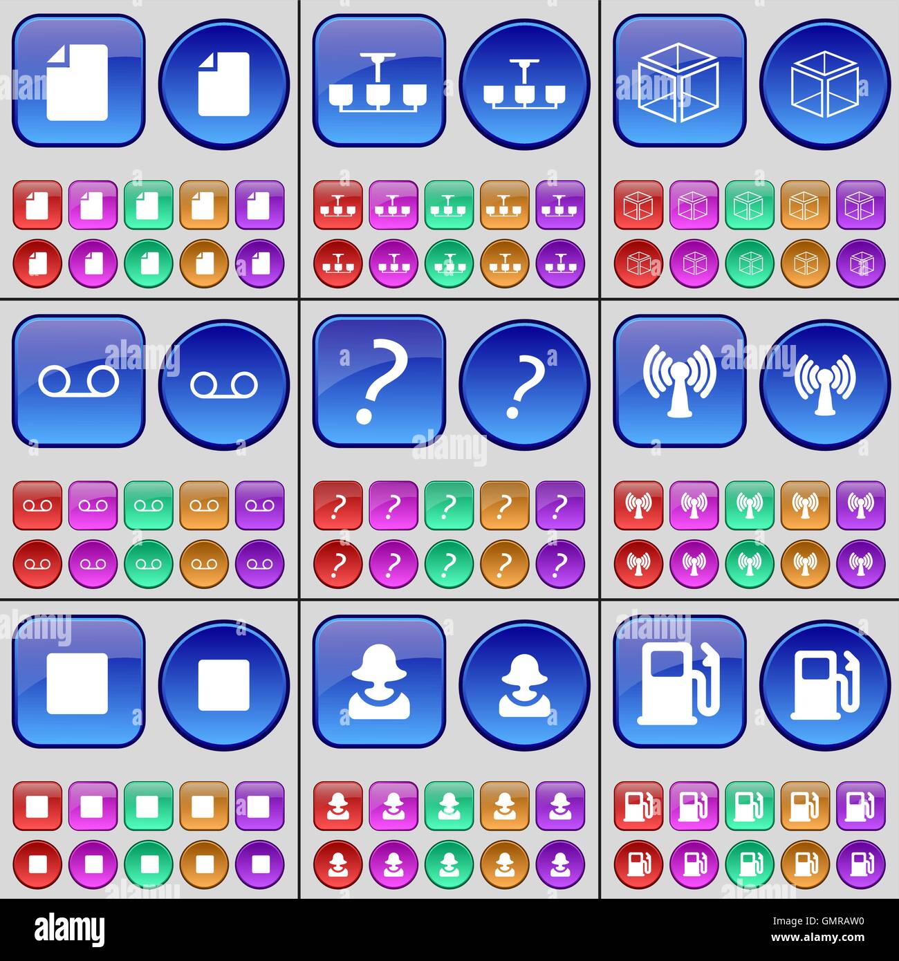 File, lampadario, Box, cassetta, punto interrogativo, Wifi, Media stop, avatar, stazione di gas. Un grande insieme di multi-pulsanti colorati. Ve Illustrazione Vettoriale