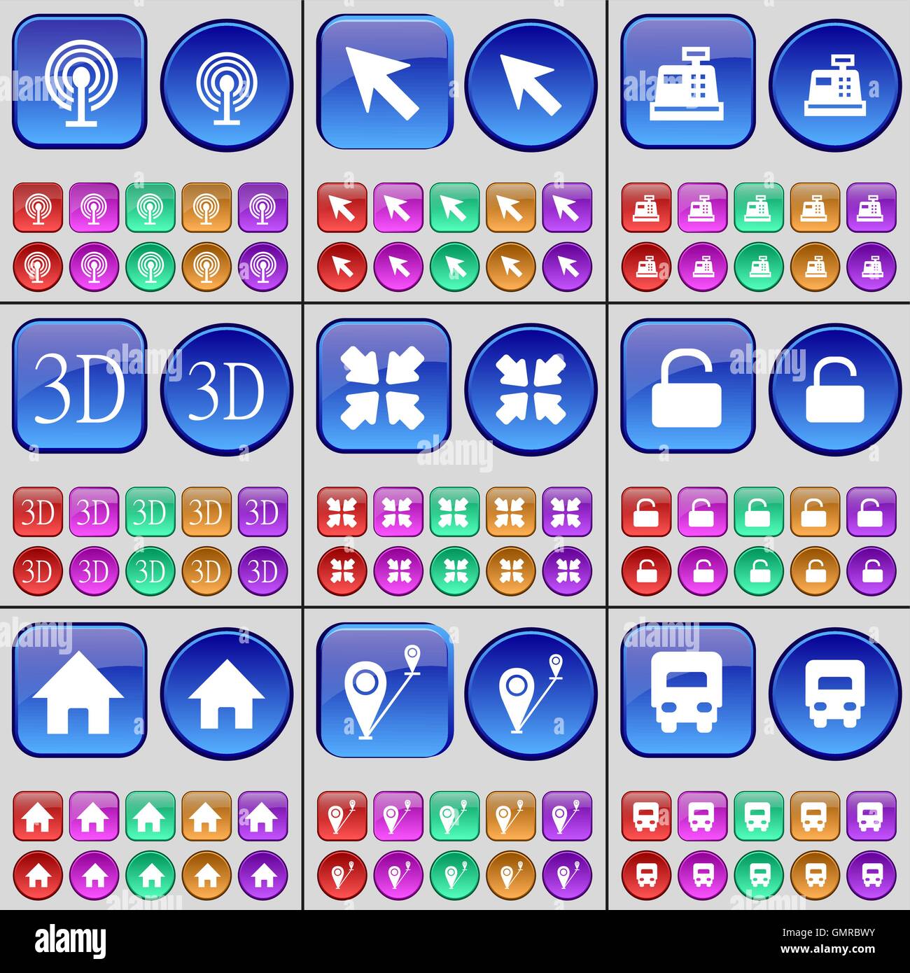 Wifi, cursore, 3D, la distribuzione di schermo, bloccare, casa, Checkpoint, carrello. Un grande insieme di multi-pulsanti colorati. Vettore Illustrazione Vettoriale