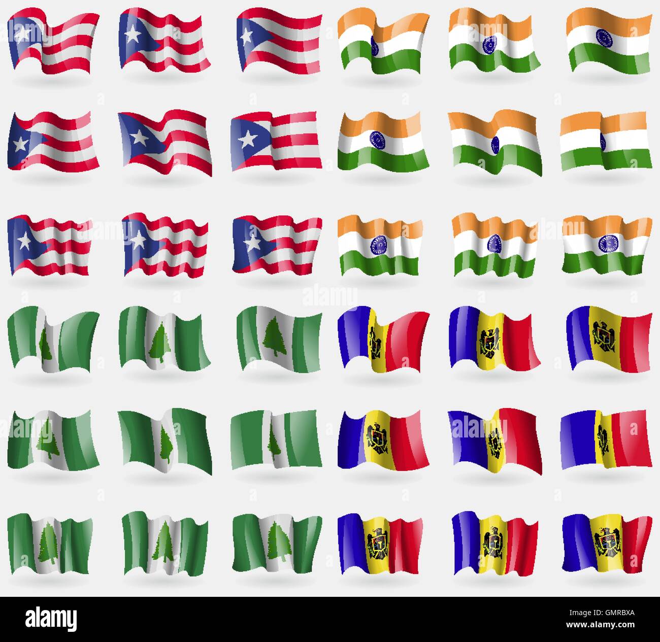Puerto Rico, India, Isola Norfolk, Moldavia. Set di 36 bandiere dei paesi del mondo. Vettore Illustrazione Vettoriale