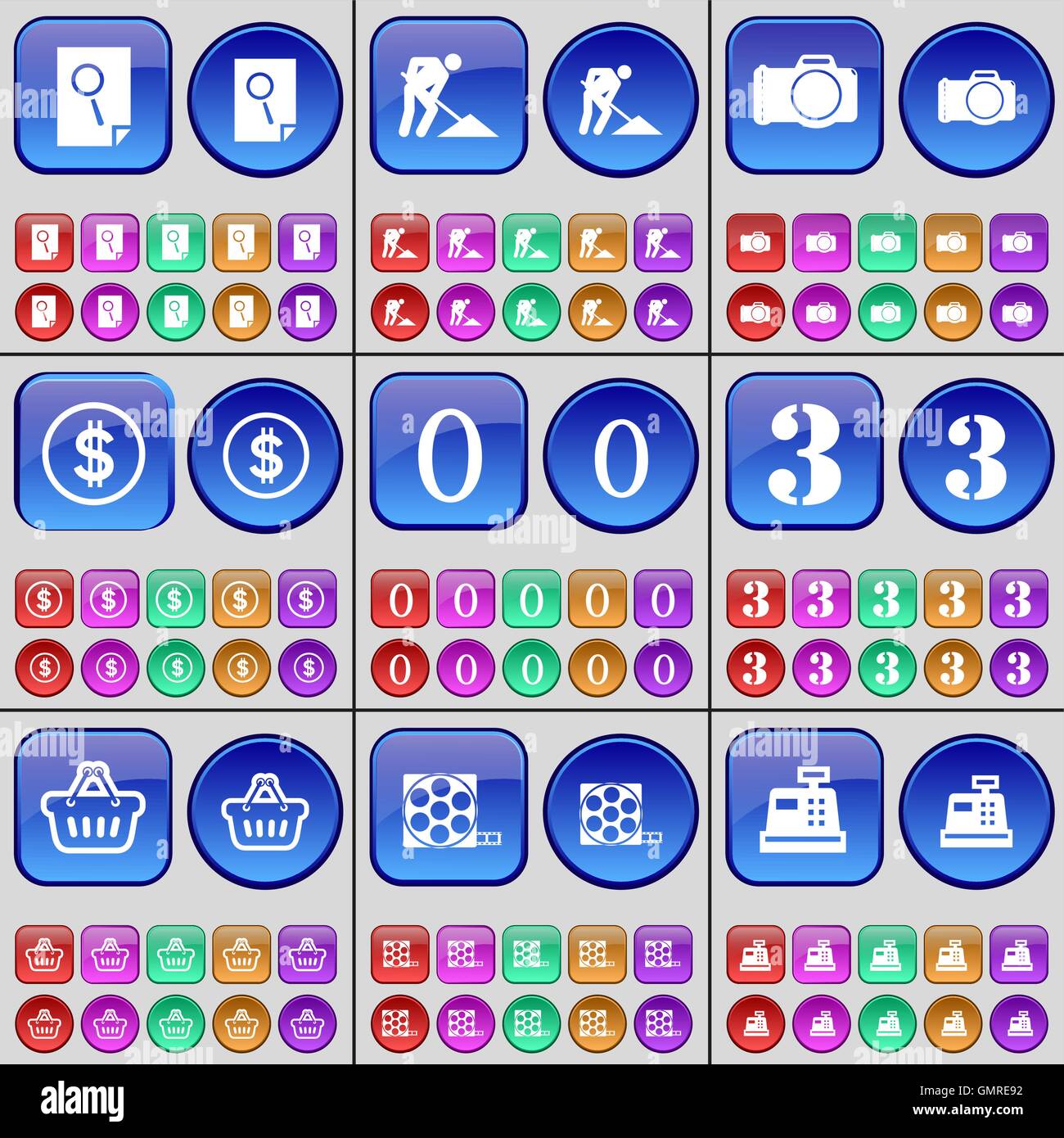 Ricerca, lavori stradali, fotocamera, Dollar, zero, tre, Basket, videocassette, cassa. Un grande insieme di multi-pulsanti colorati. Vettore Illustrazione Vettoriale