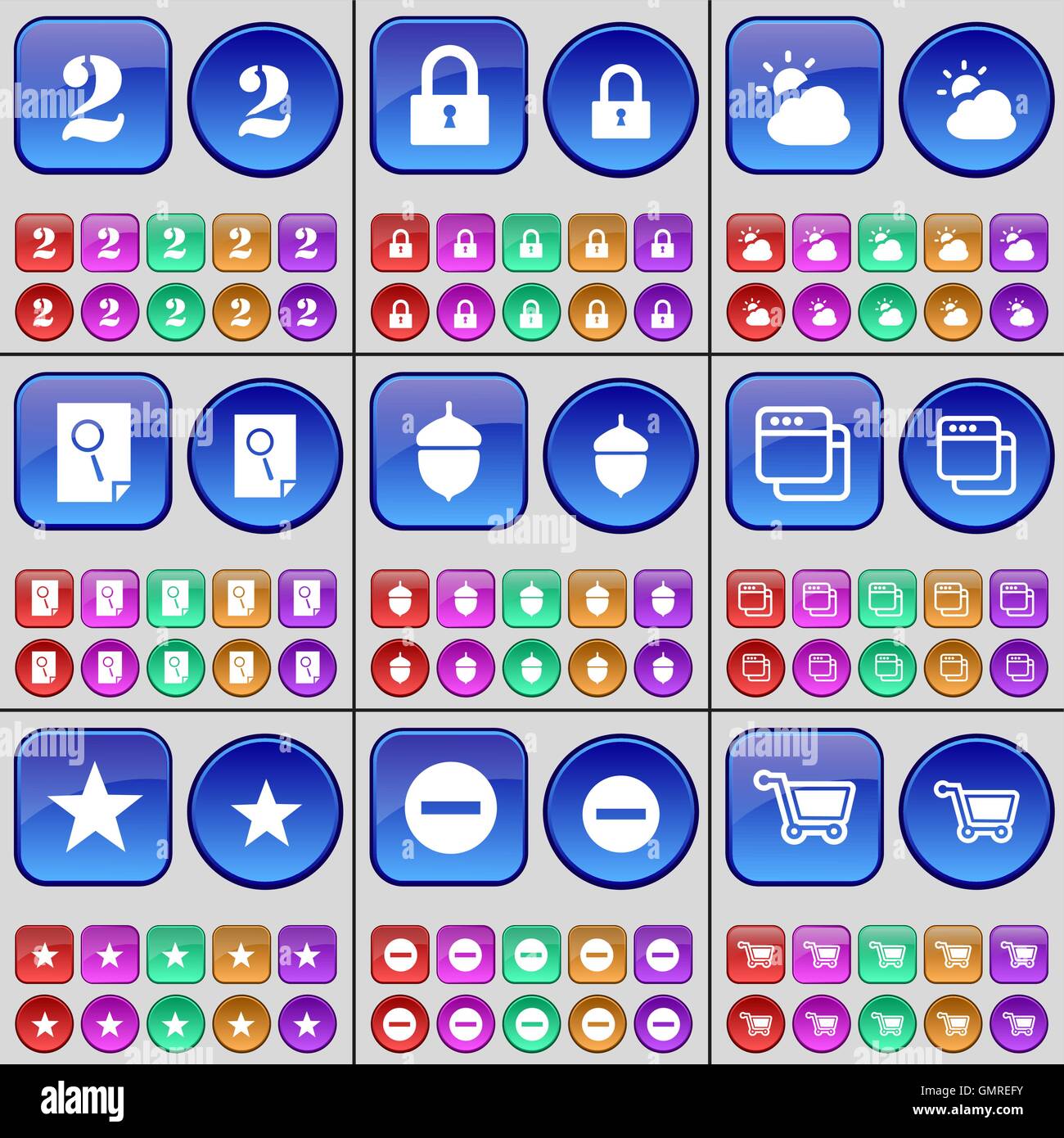 Due, bloccare, Cloud, File Acorn, finestra, Star, meno, carrello. Un grande insieme di multi-pulsanti colorati. Vettore Illustrazione Vettoriale