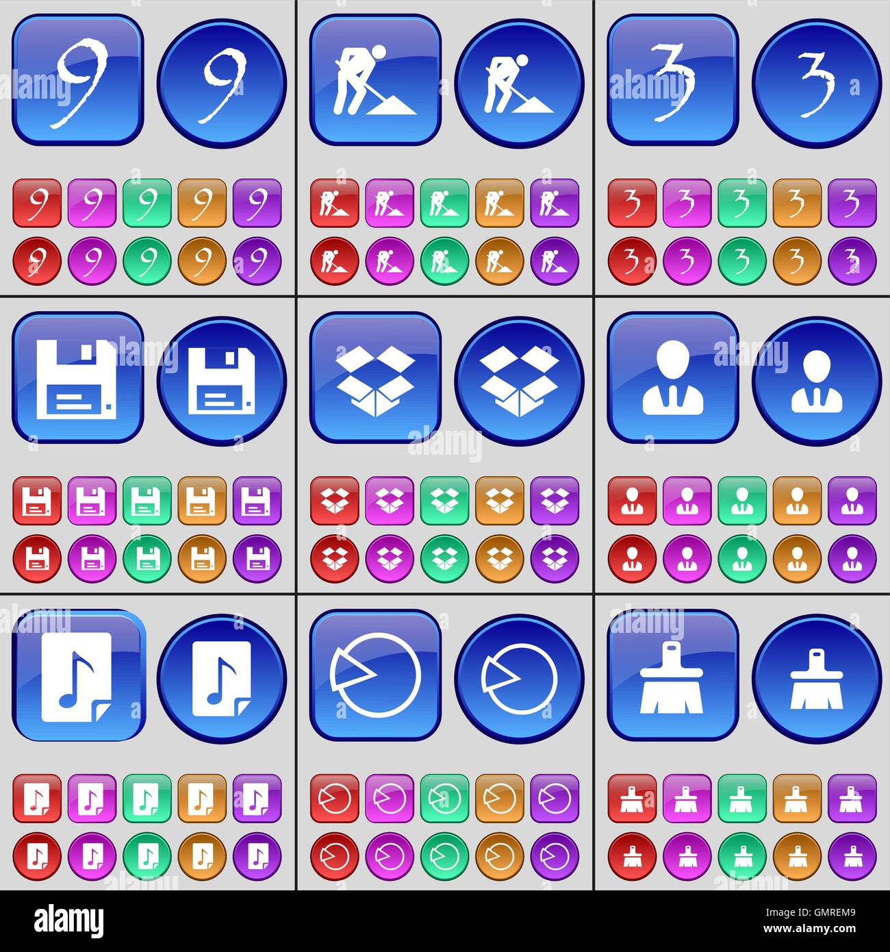 Nove, lavori in corso, tre Floppy, Box, avatar, file musicali, Diagramma, spazzola. Un grande insieme di multi-pulsanti colorati. Vettore Illustrazione Vettoriale
