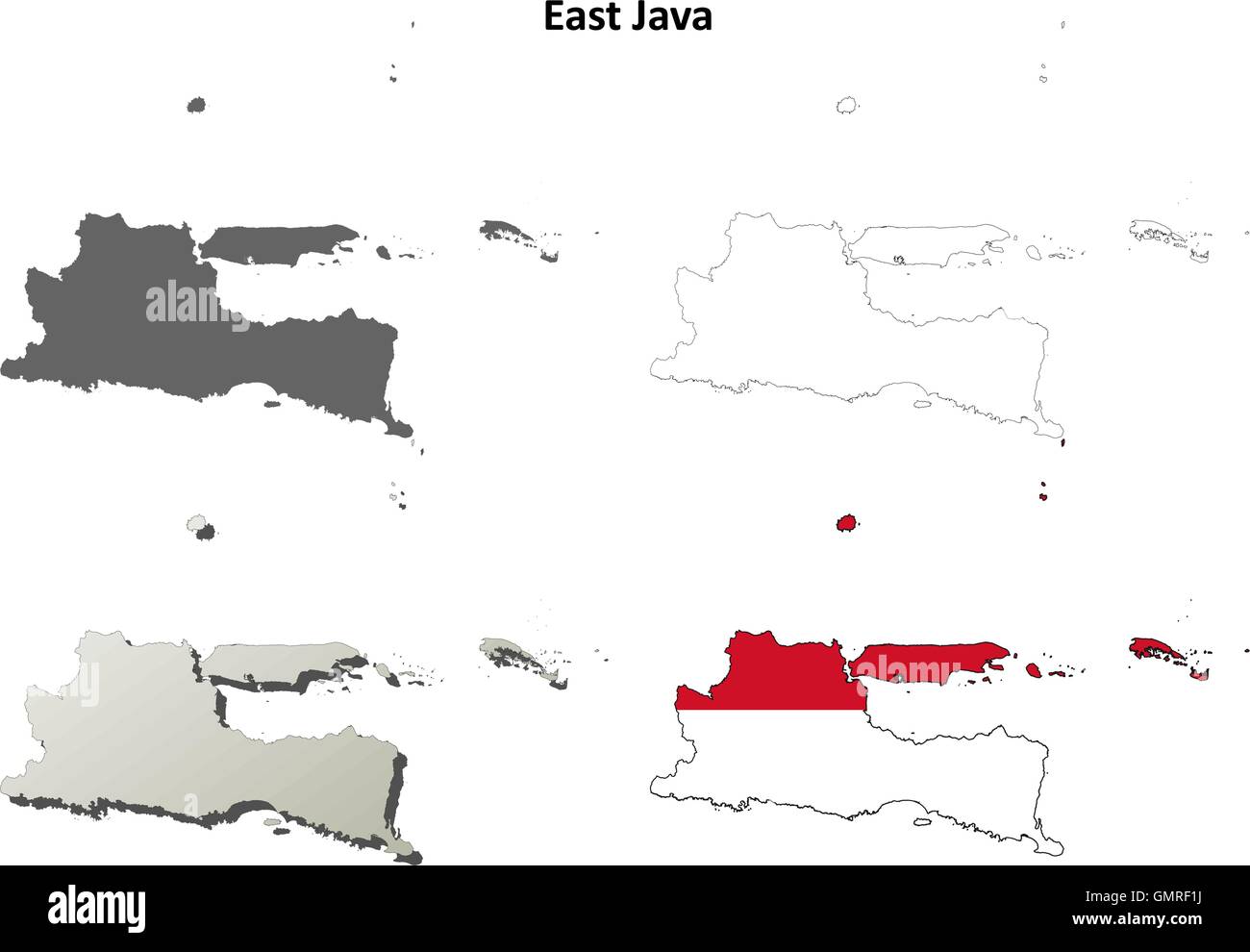 East Java vuoto mappa di contorno impostato Illustrazione Vettoriale