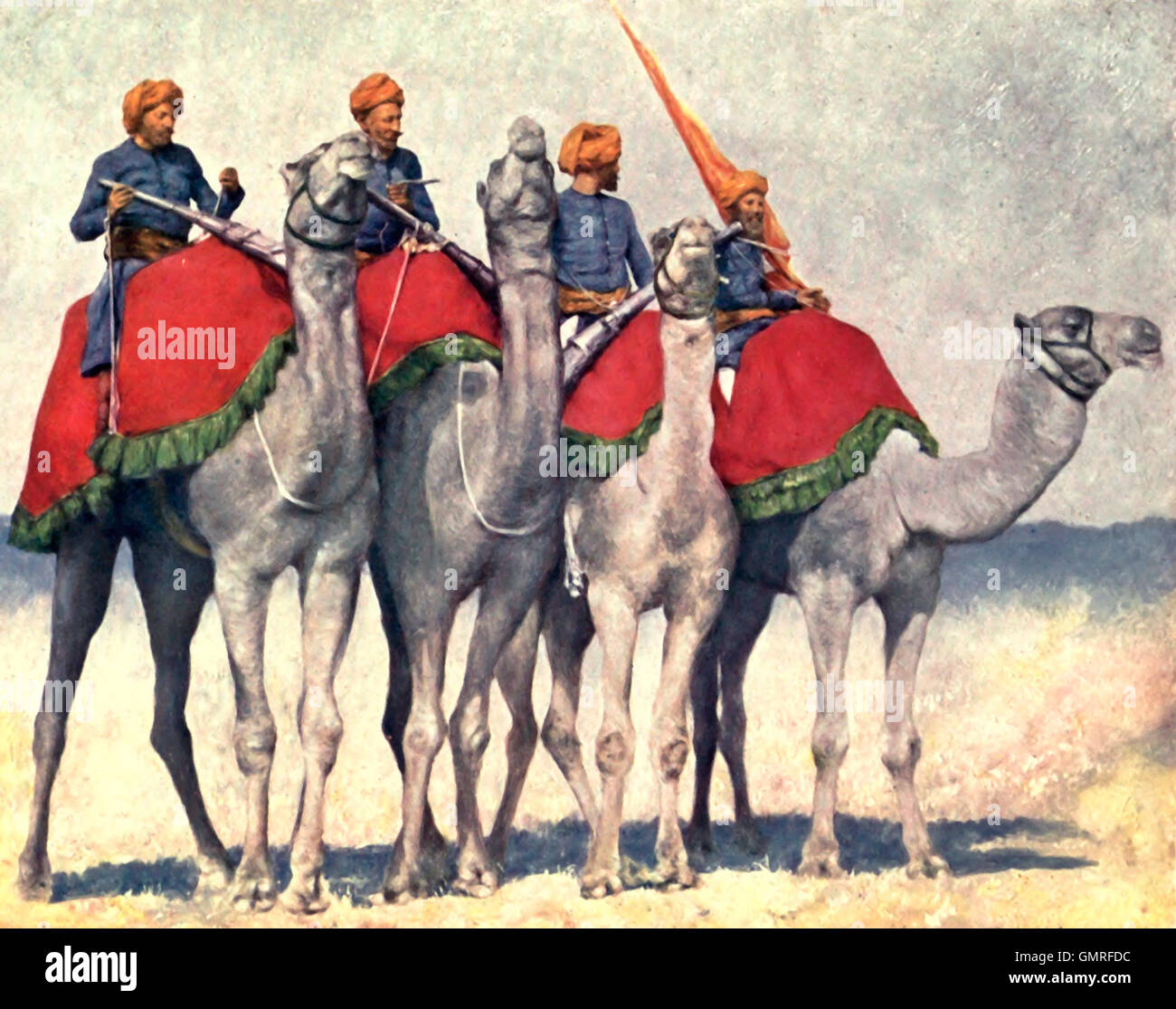 Camelry da Alwar - portano le antiche pistole orientabile - brillantemente in metallo lucido - pistole che fanno brillare così intensamente che uno può vedere da una grande distanza. India, circa 1902 Foto Stock