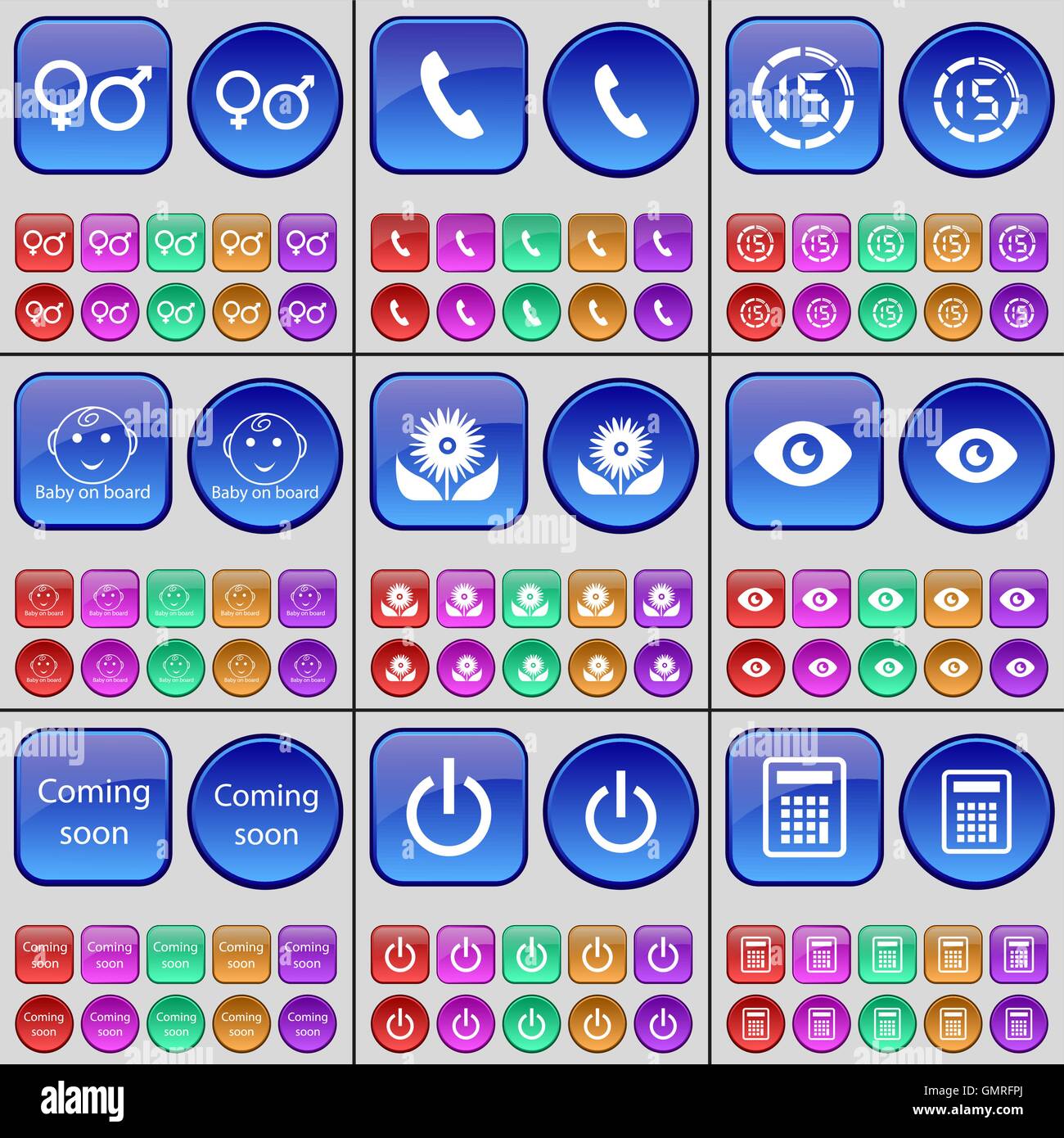 Simboli di genere, ricevitore, conto alla rovescia, baby on board, fiore, visione, prossimamente, Potenza, calcolatrice. Un grande insieme di multi-colore Illustrazione Vettoriale