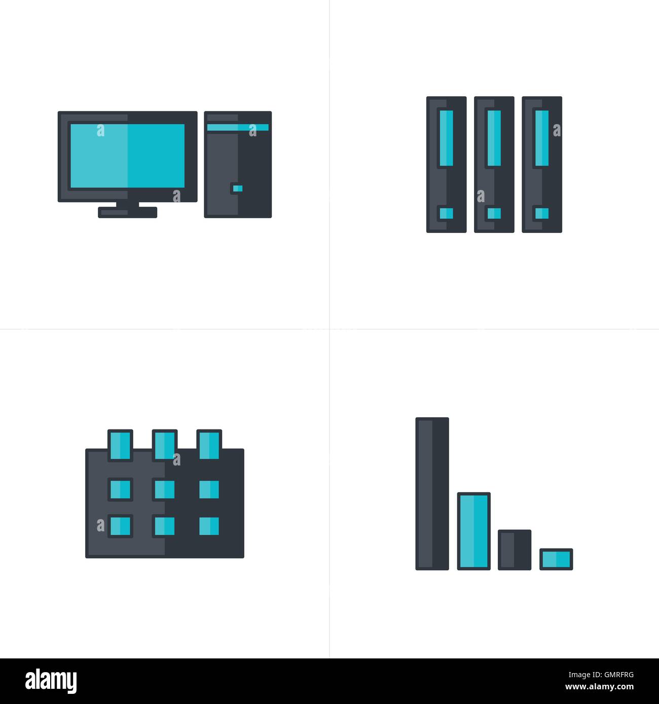 Computer, file, calendario, icone grafico nero e blu Illustrazione Vettoriale