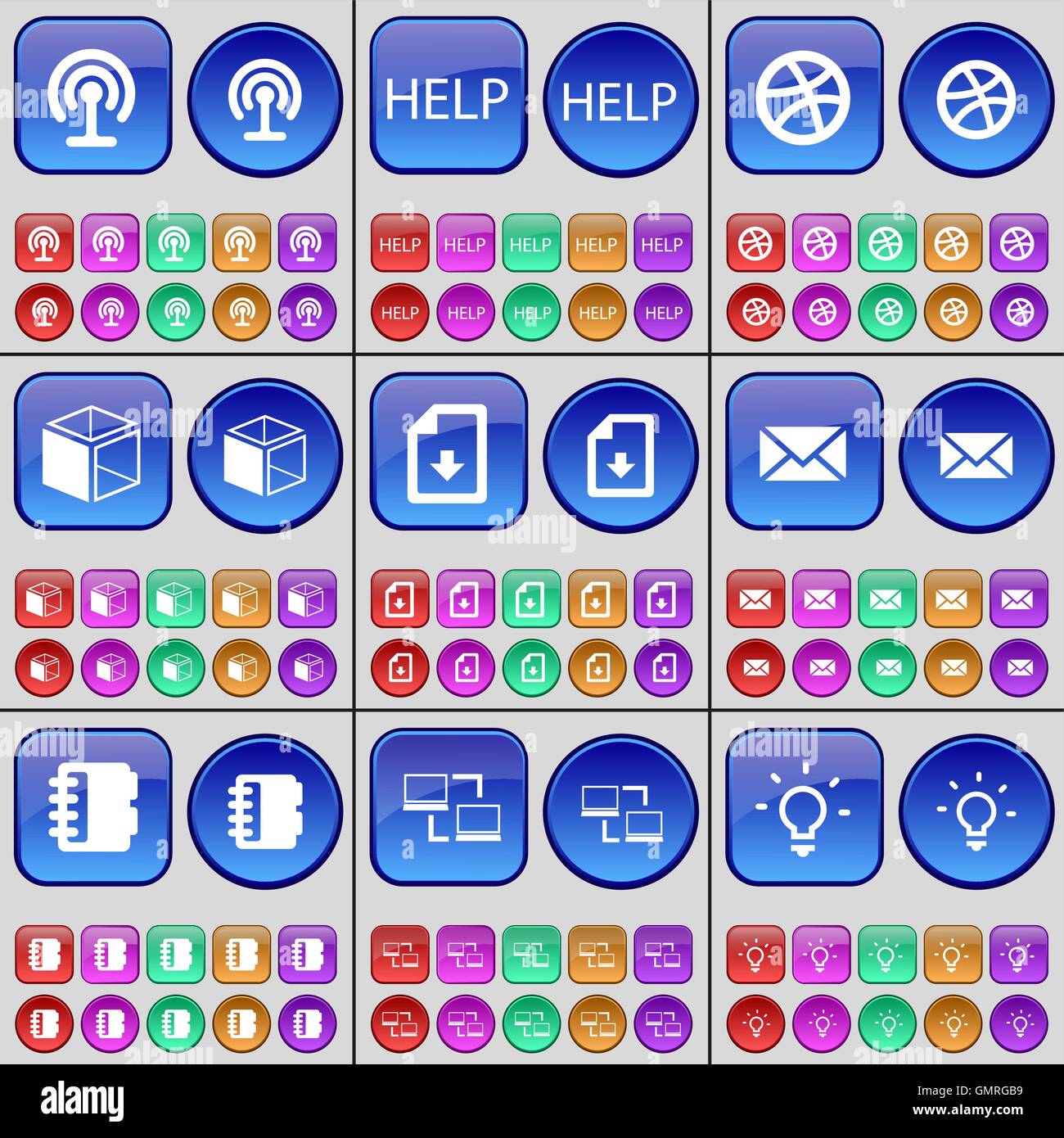 Wifi, aiutare a sfere, Box, file, messaggi, notebook, connessione, lampadina. Un grande insieme di multi-pulsanti colorati. Vettore Illustrazione Vettoriale