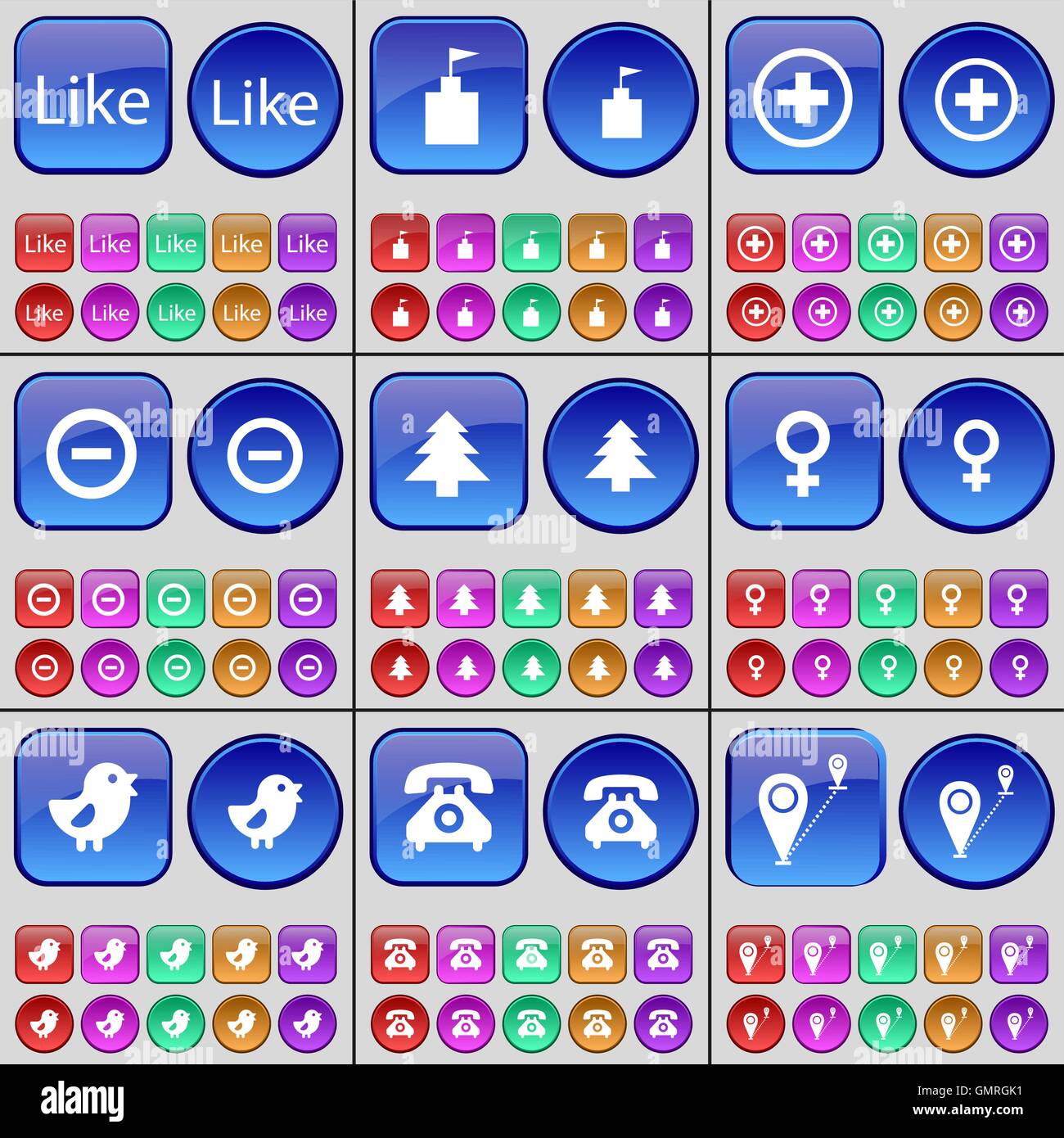 Come bandiera, tower, Più, Meno, abete, simbolo di Venere, Bird, telefono retrò, Checkpoint. Un grande insieme di multi-pulsanti colorati. Vect Illustrazione Vettoriale
