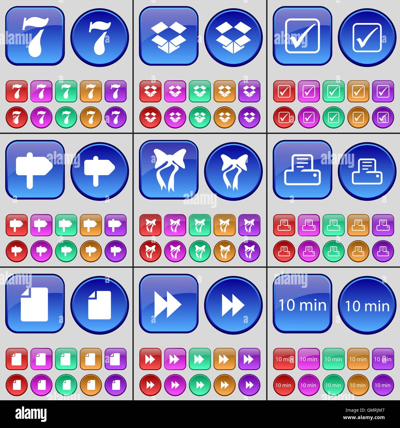 Sette, Box, tick, Segno, prua, una stampante, file, Rewind, 10 minuti. Un grande insieme di multi-pulsanti colorati. Vettore Illustrazione Vettoriale