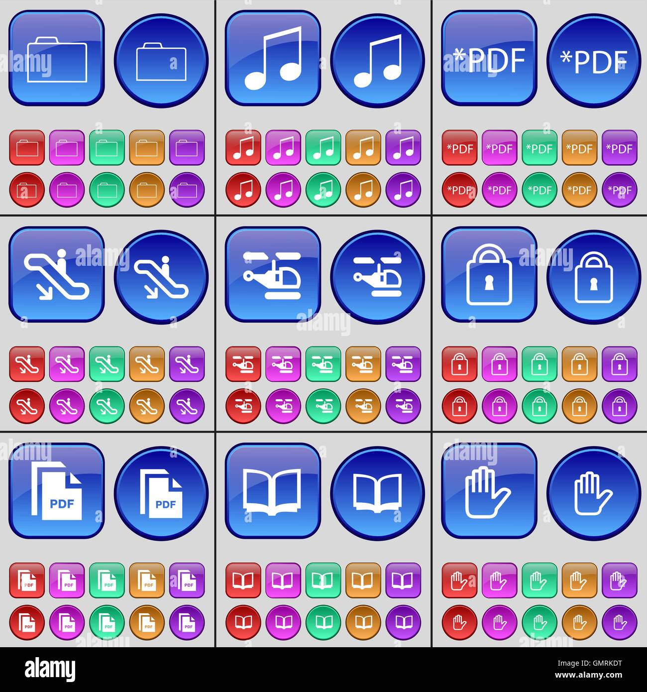 Cartella, nota, estensione, Escalator, elicottero, serratura, file PDF, Libro, mano. Un grande insieme di multi-pulsanti colorati. Vettore Illustrazione Vettoriale