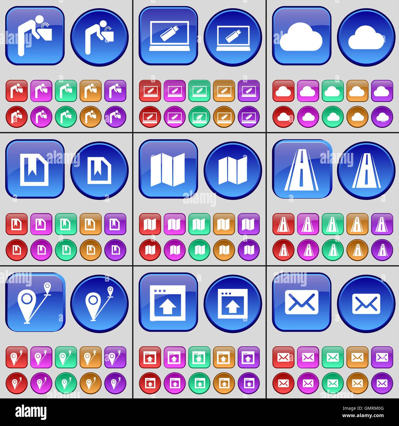 Silhouette, Laptop, Cloud, File, mappa stradale, Route, finestra Messaggio. Un grande insieme di multi-pulsanti colorati. Vettore Illustrazione Vettoriale