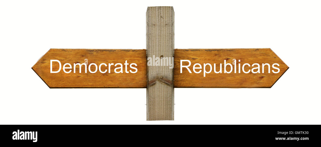 Un concetto sentiero segno rivolta verso sinistra per il partito democratico e il diritto per il Partito Repubblicano Foto Stock