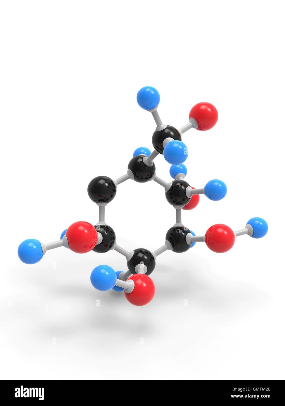 Zuccheri di glucosio, modello molecolare. Gli atomi sono rappresentati da sfere e sono codificati a colori: carbonio (nero), Idrogeno (blu) e ossigeno (rosso). Foto Stock