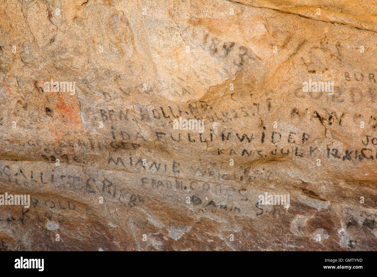 Pioneer iscrizioni su Camp Rock, California Trail National Historic Trail, città di roccia riserva nazionale, Idaho Foto Stock