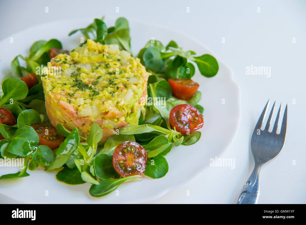 Insalata di salmone affumicato, avocado, cipolla, crescione e pomodori ciliegini. Foto Stock