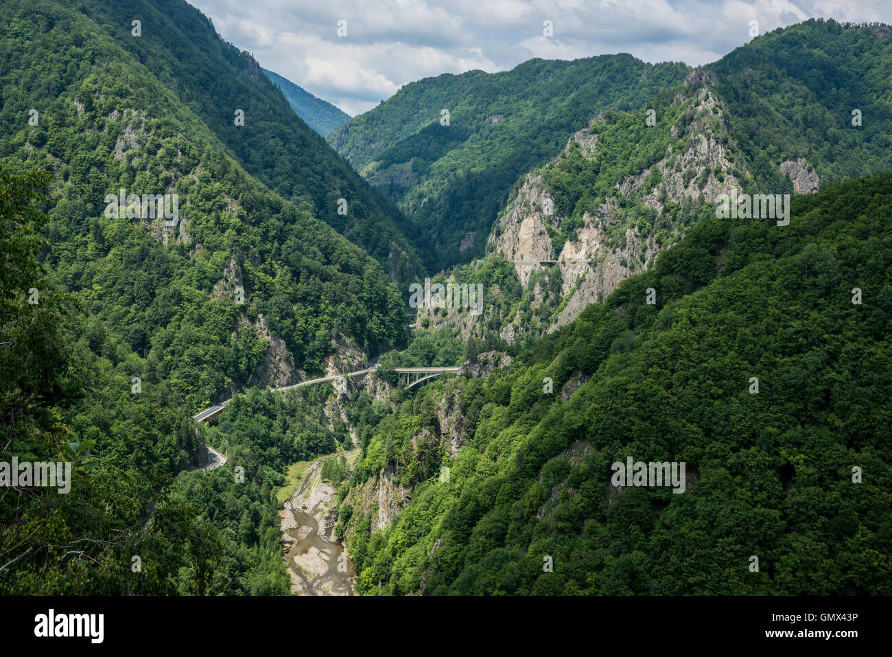 Transfagarasan Road visto da rovinato Poenari castello sul monte Cetatea in Romania Foto Stock