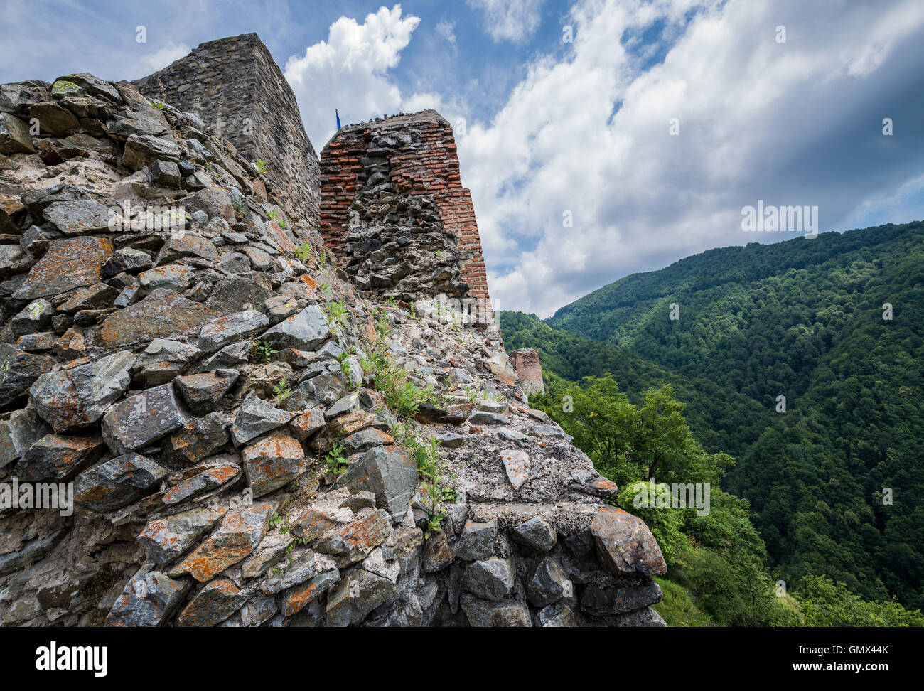 Rovinato Poenari castello sul monte Cetatea in Romania Foto Stock