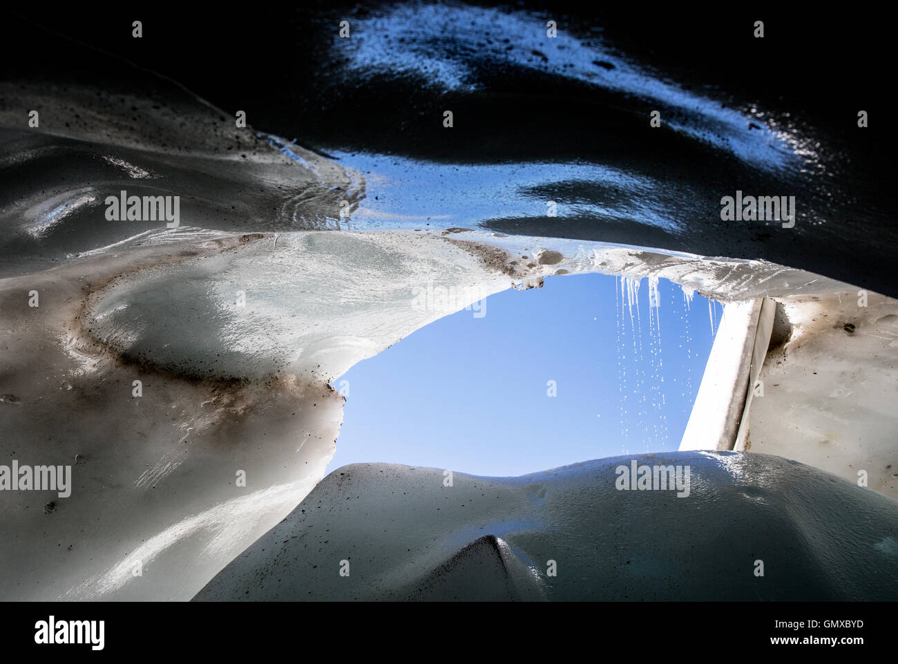 Sculture di ghiaccio al ghiacciaio La Plagne le Alpi francesi Foto Stock