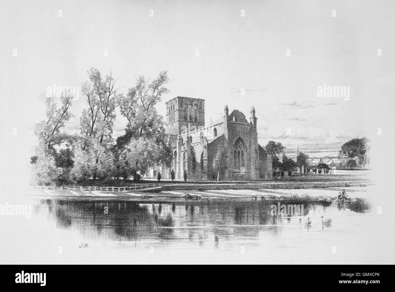 L'Abbazia o chiesa parrocchiale di St Mary's, parte della Chiesa che è in Scozia è la più lunga la chiesa parrocchiale in Scozia. Si affaccia sul fiume Tyne e si trova nella Royal Burgh di Haddington, una città in East Lothian, Scozia. (Da 'Sketches in East Lothian' da Thomas B. Blacklock...1892) Foto Stock