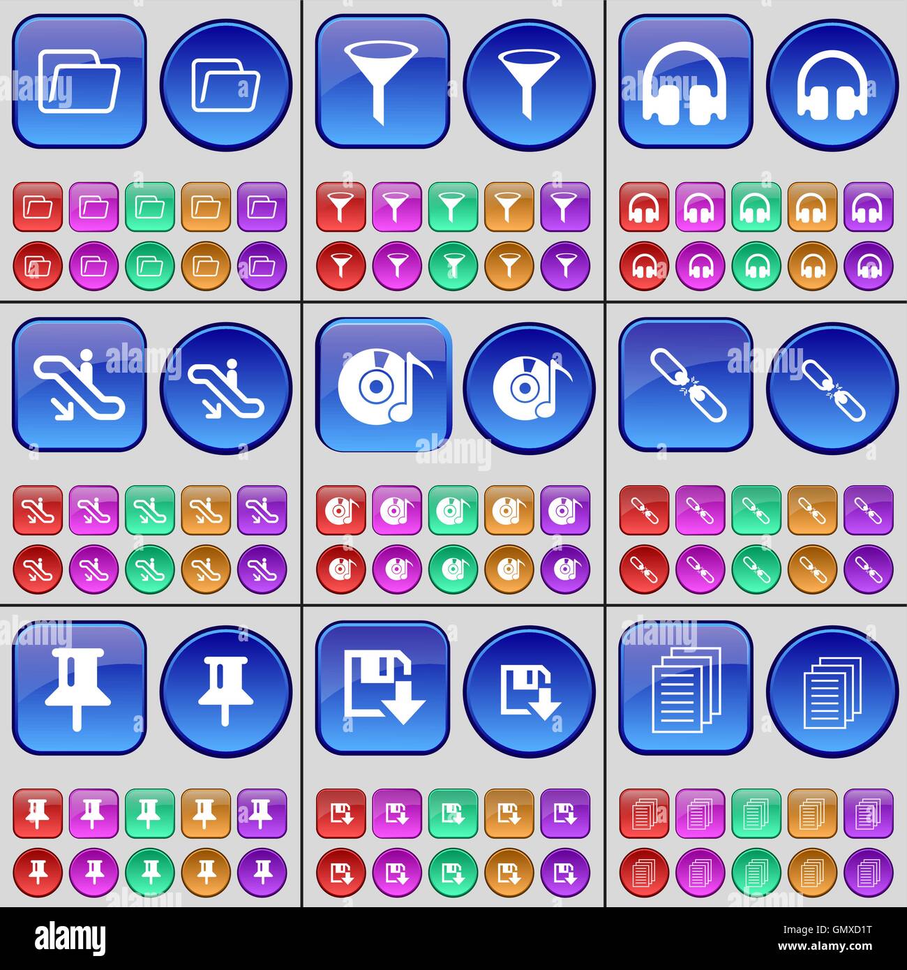 Cartella, imbuto, cuffie, Escalator, DVD, collegamento Pin, floppy disk, file di testo. Un grande insieme di multi-pulsanti colorati. Vettore Illustrazione Vettoriale