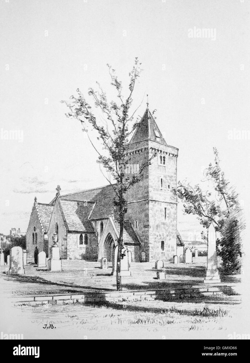 A Aberlady chiesa parrocchiale risale al XV secolo e fu ricostruita nel 1887. East Lothian, Scozia. (Da 'Sketches in East Lothian' da Thomas B. Blacklock...1892) Foto Stock