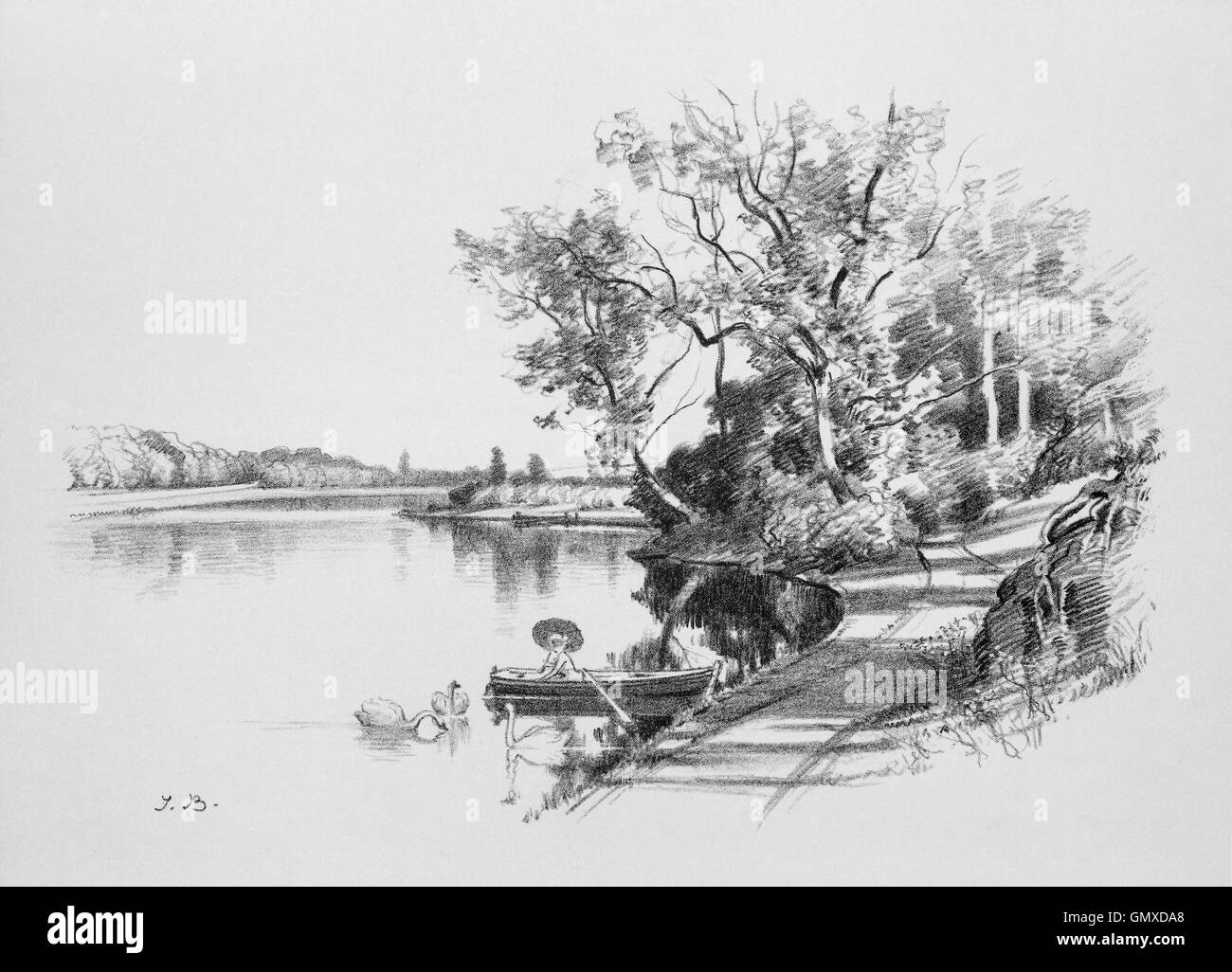 Un angolo del lago a Balgone, che presenti un residuo di una settecentesca parco formale, East Lothian, Scozia (da 'Sketches in East Lothian' da Thomas B. Blacklock...1892) Foto Stock