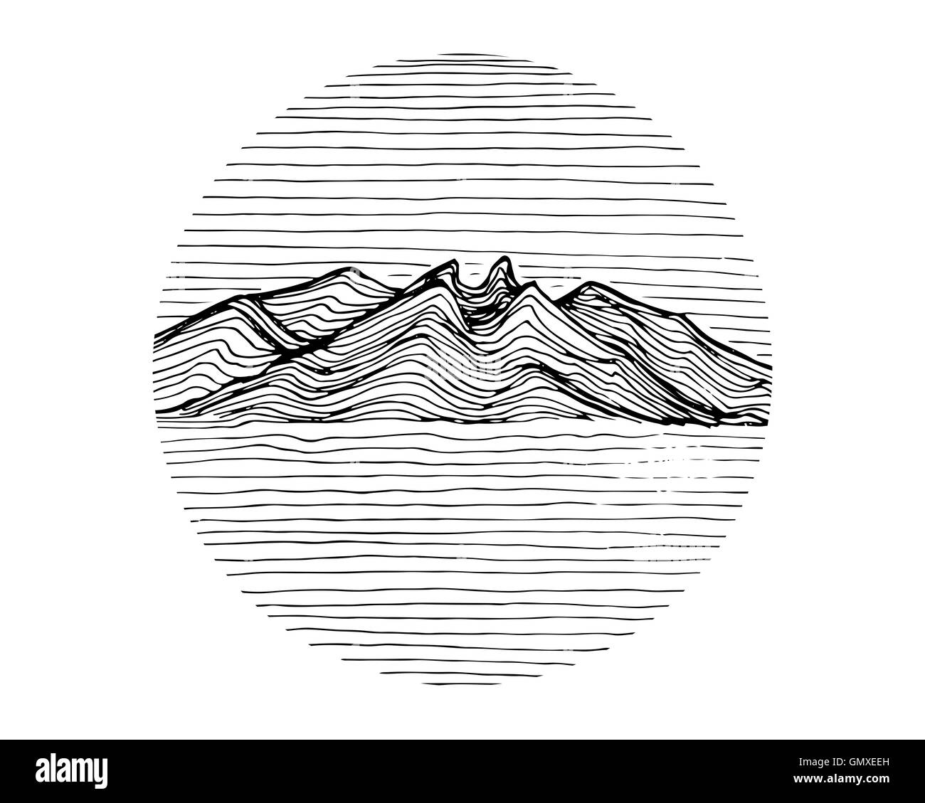 Disegnato a mano o illustrazione di disegno di un lineare forma di montagna Foto Stock