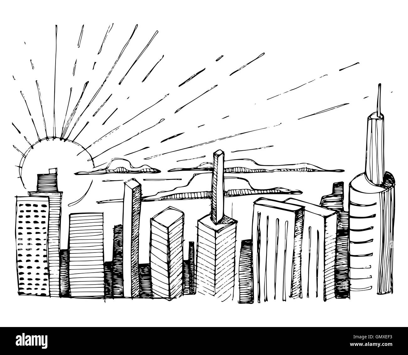 Disegnata a mano immagine o disegno di un Urban Skyline Foto Stock