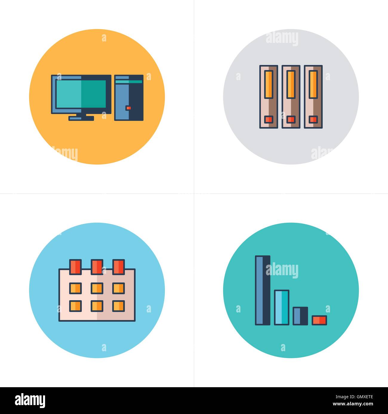 Computer, file, calendario, icone grafico design piatto Illustrazione Vettoriale