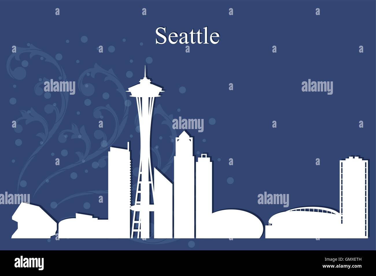 La città di Seattle skyline silhouette su sfondo blu Illustrazione Vettoriale