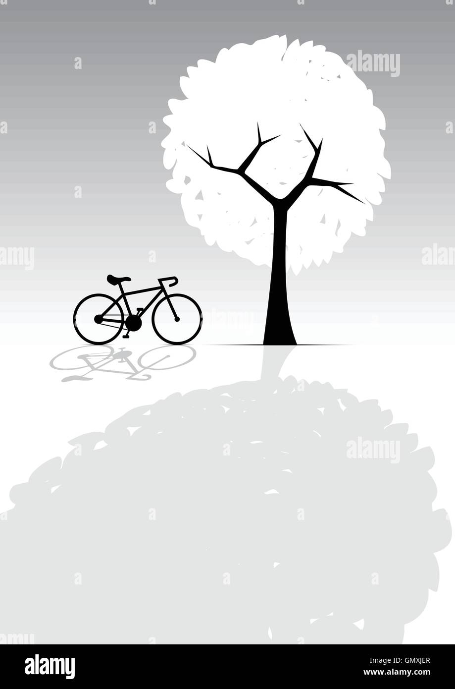 Bicicletta e albero, luce e ombra, in scala di grigi Illustrazione Vettoriale