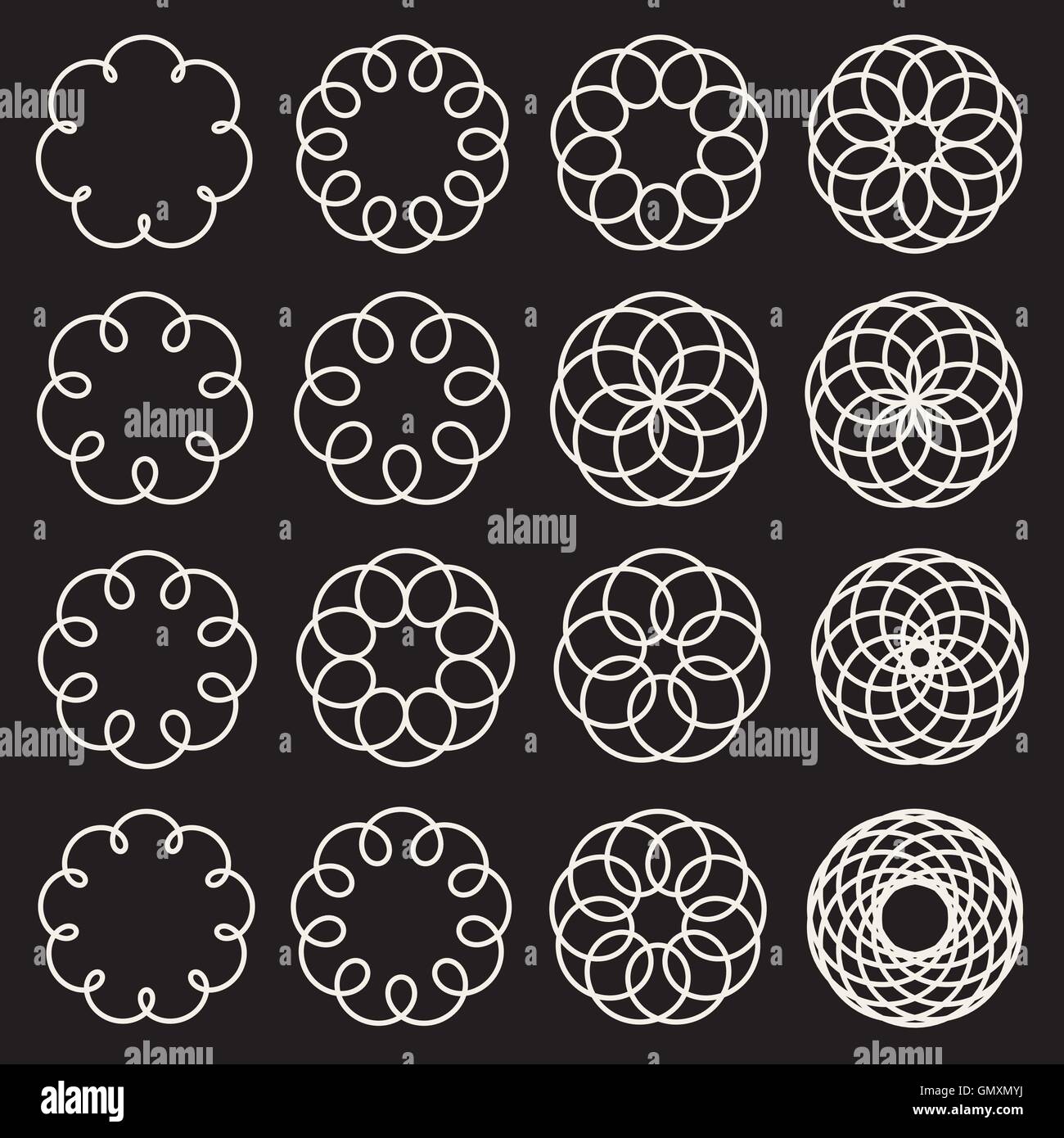 Set di sedici Spirograph cerchi in linea Decorativa elementi di design Illustrazione Vettoriale