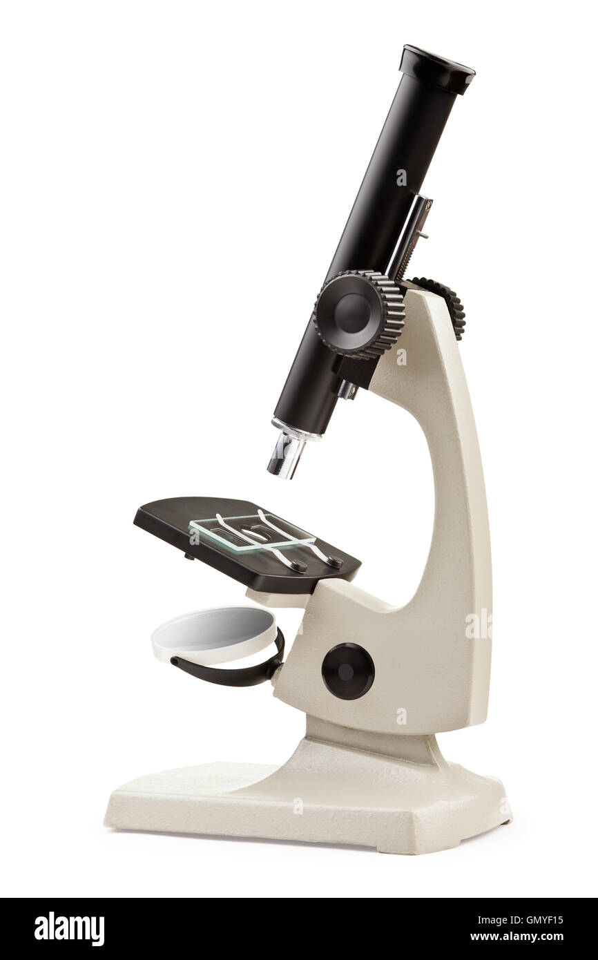 Microscopio isolato bianco Foto Stock