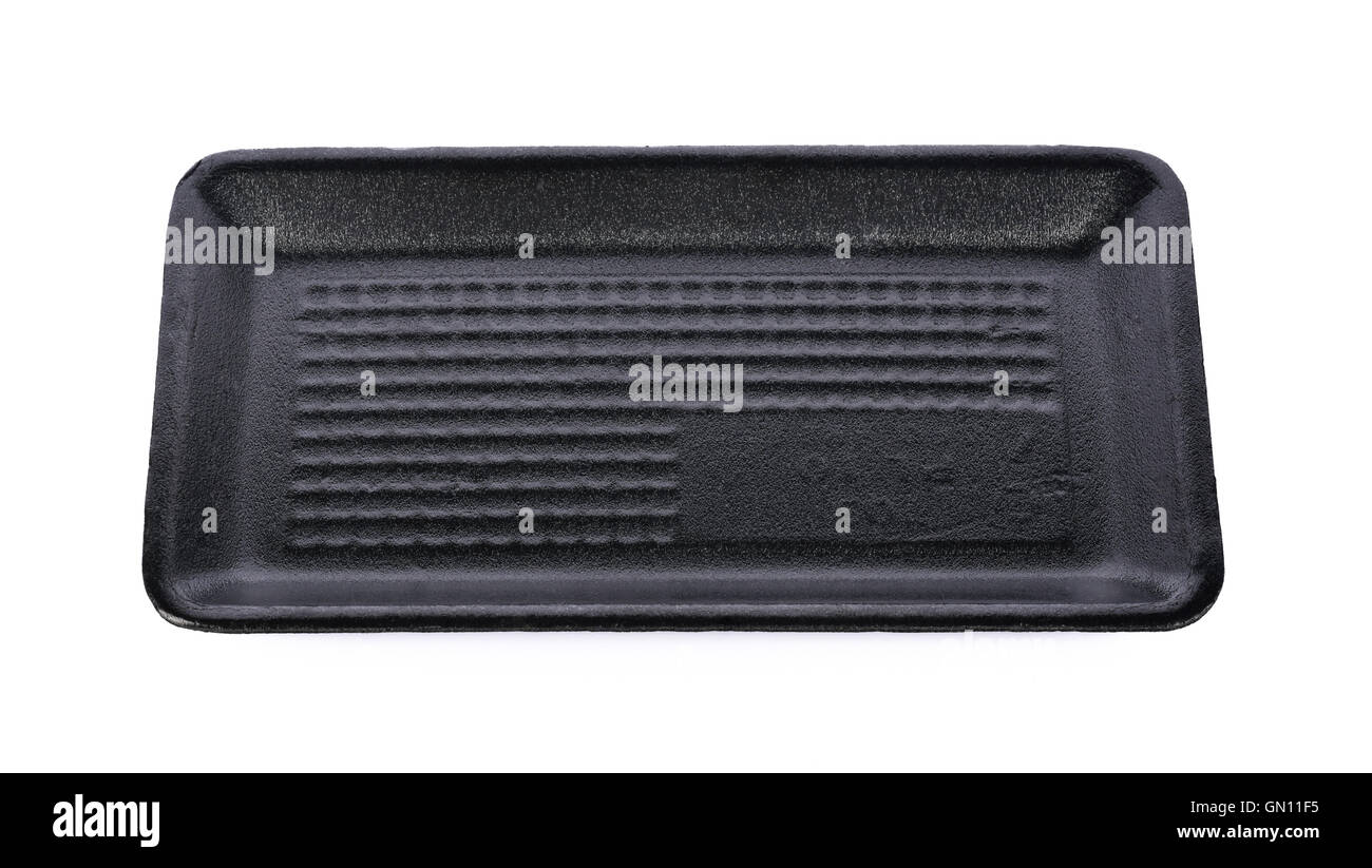 Nero vassoi in polistirolo espanso su sfondo bianco Foto Stock