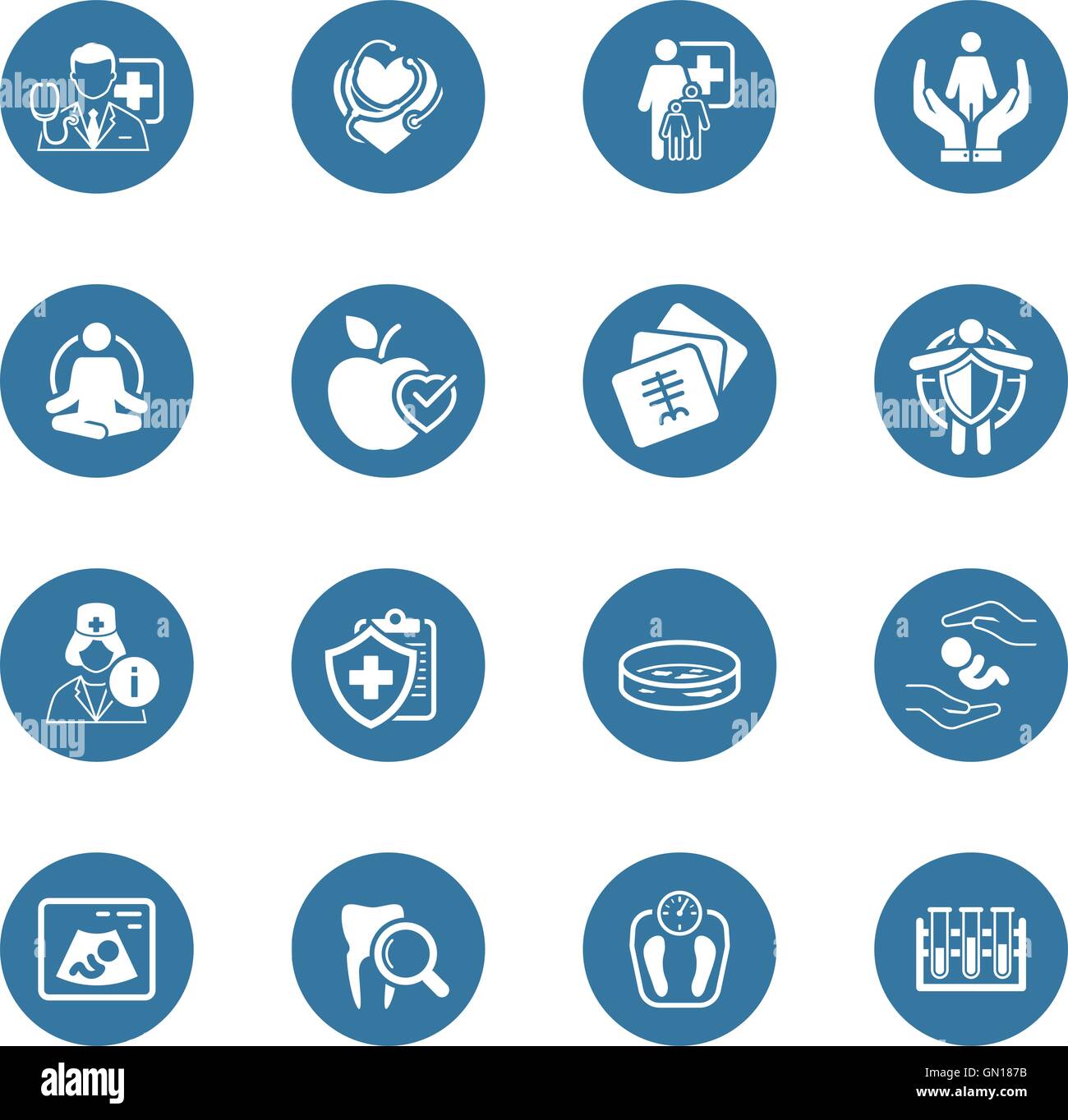 Assistenza medica e sanitaria set di icone. Design piatto. Illustrazione Vettoriale