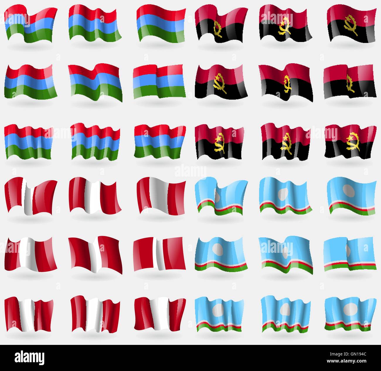 La Carelia, Angola, Perù, Repubblica di Sakha Repubblica. Set di 36 bandiere dei paesi del mondo. Vettore Illustrazione Vettoriale