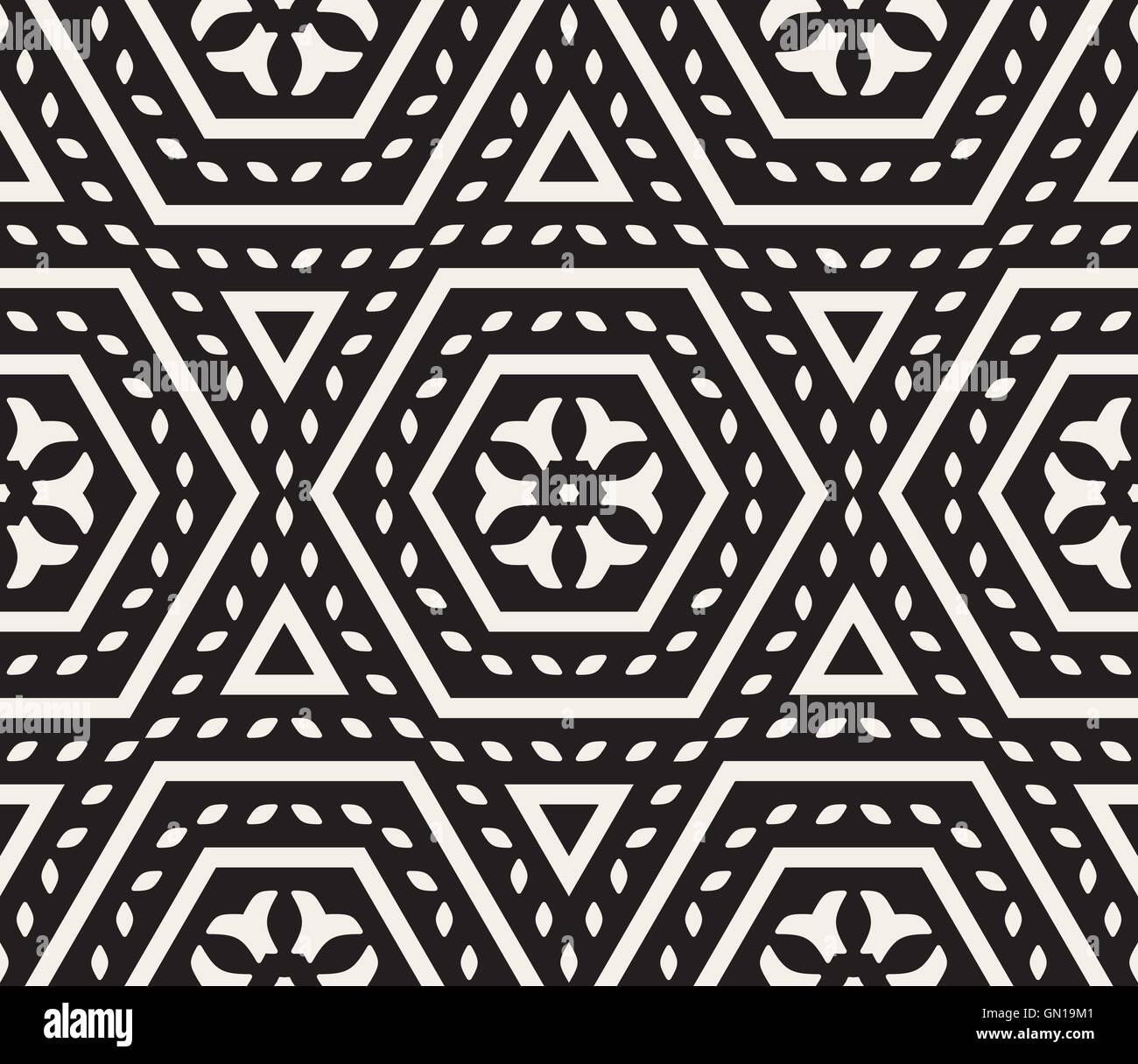 Vector Seamless in bianco e nero arrotondato orientale floreale disegno esagonale Illustrazione Vettoriale