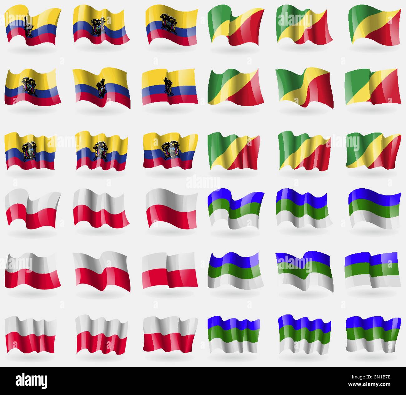 Ecuador, Repubblica del Congo, Polonia, Komi. Set di 36 bandiere dei paesi del mondo. Vettore Illustrazione Vettoriale