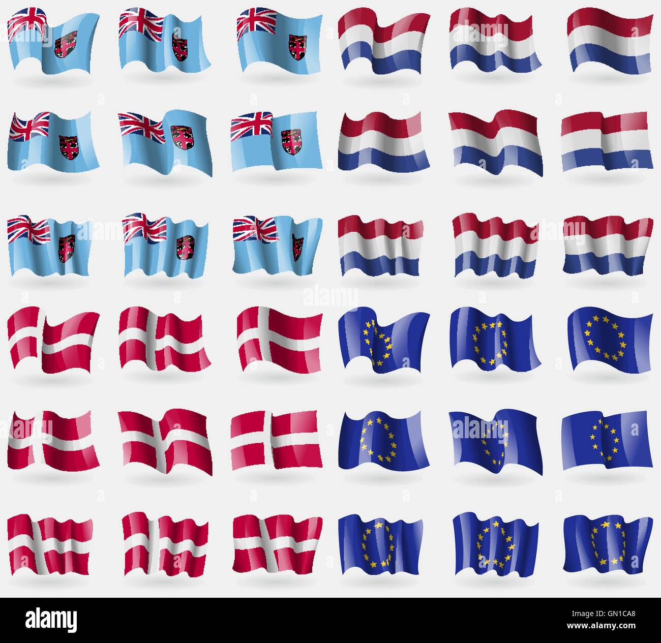 Fiji, Paesi Bassi, Danimarca, Unione europea. Set di 36 bandiere dei paesi del mondo. Vettore Illustrazione Vettoriale